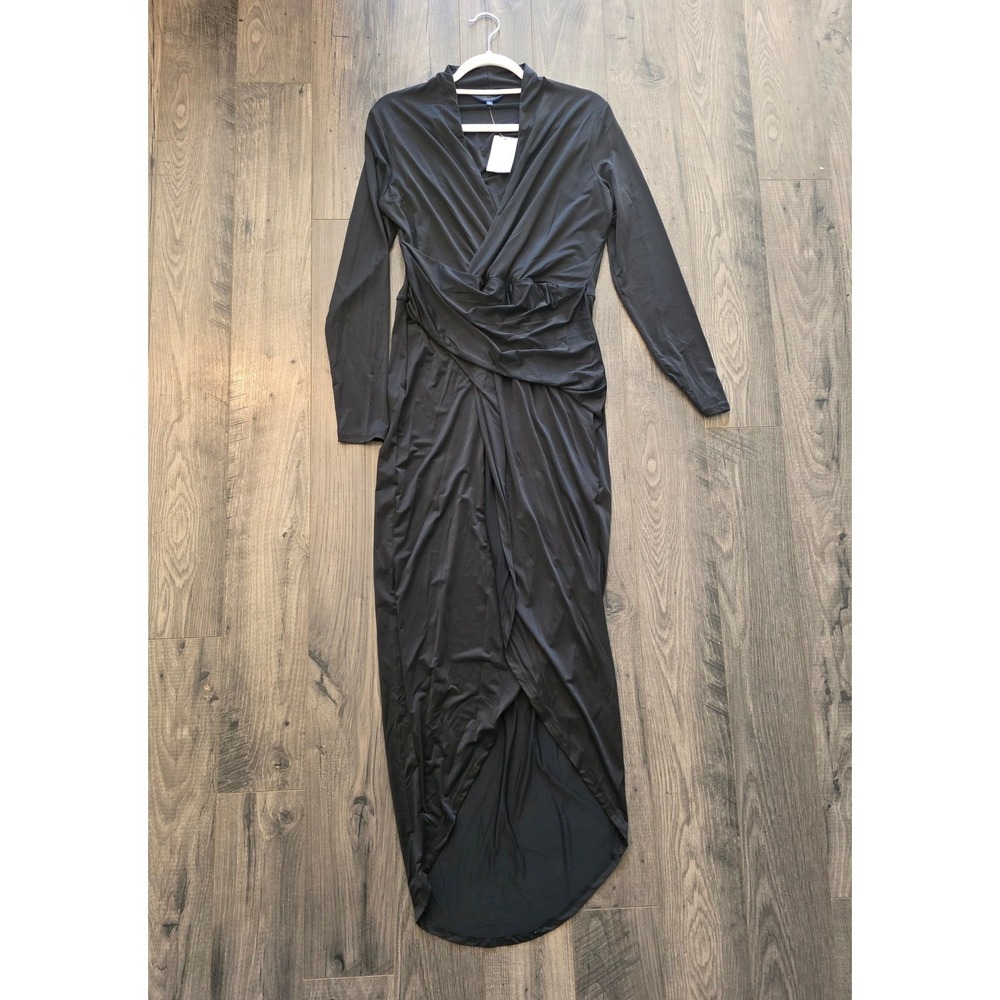 NWT Rachel Roy Black Long Sleeve Ruched Wrap Maxi Dress Size L Party Going Out